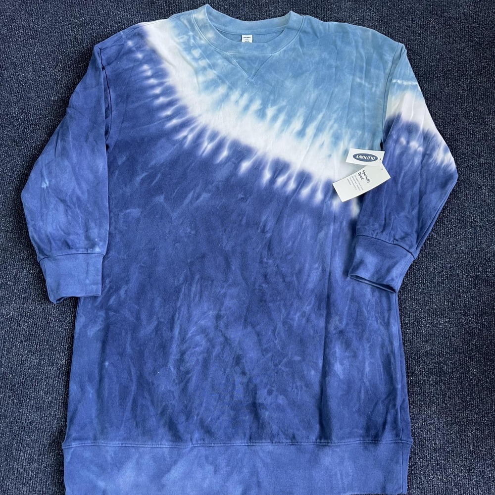 Old Navy Sweater Dress Womens M Petite Blue Tie Dye Long Sleeve Crew Neck Casual